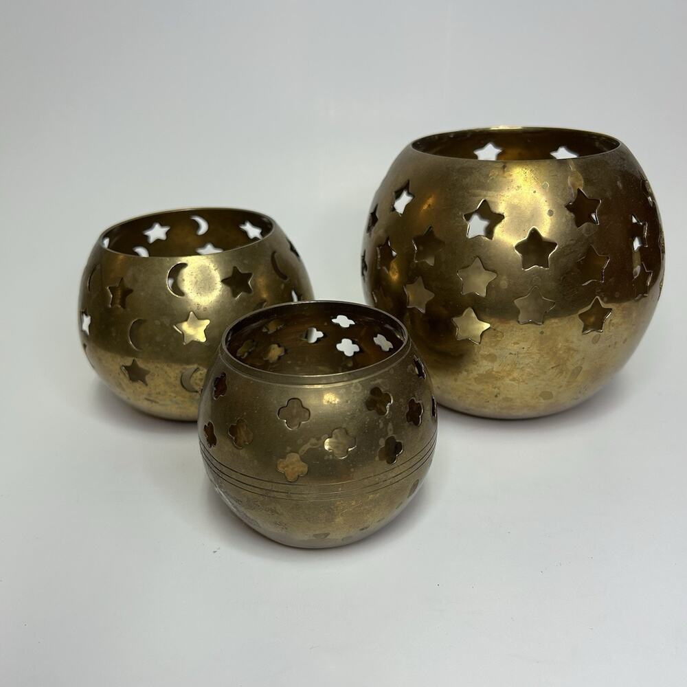 3 Vintage Brass Votive Tea Light Candle Holder Cut Out 3 Stars Moon Boho Goth